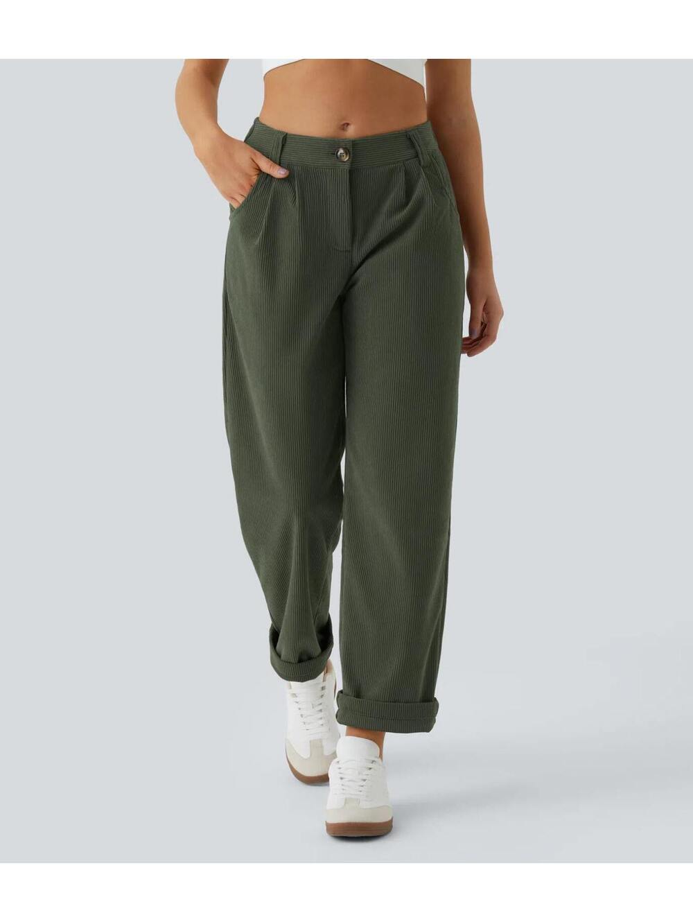 HALARA Mid Rise Zipper Pocket Corduroy Casual Pants- L Reg